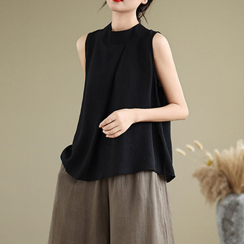 Buddha Stones Casual Plain Back Buttom Design Stand Collar Women's Sleeveless Vest