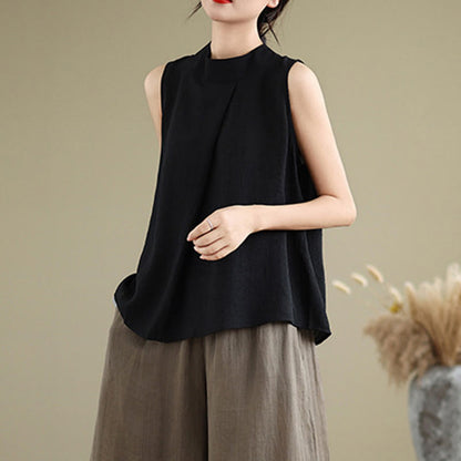 Buddha Stones Casual Plain Back Buttom Design Stand Collar Women's Sleeveless Vest
