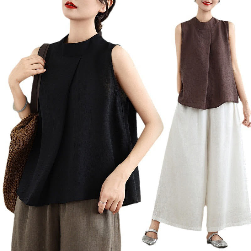 Buddha Stones Casual Plain Back Buttom Design Stand Collar Women's Sleeveless Vest