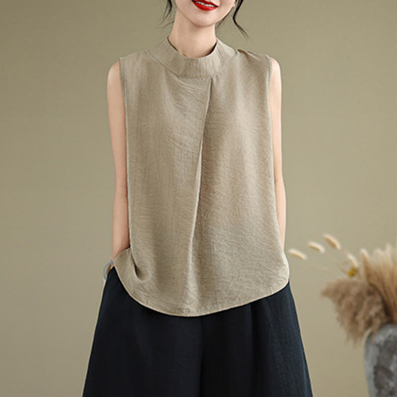 Buddha Stones Casual Plain Back Buttom Design Stand Collar Women's Sleeveless Vest