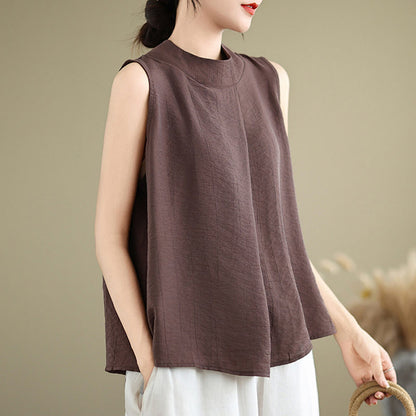 Buddha Stones Casual Plain Back Buttom Design Stand Collar Women's Sleeveless Vest