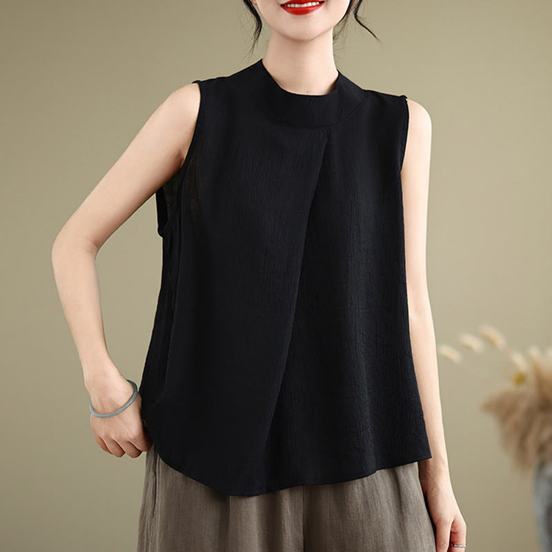 Buddha Stones Casual Plain Back Buttom Design Stand Collar Women's Sleeveless Vest