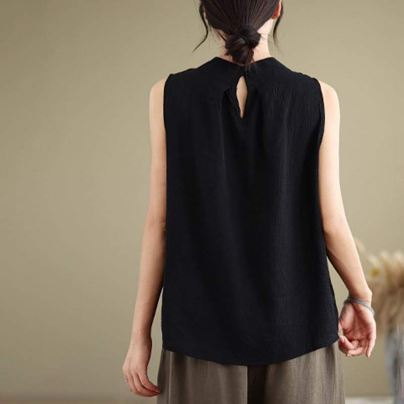 Buddha Stones Casual Plain Back Buttom Design Stand Collar Women's Sleeveless Vest