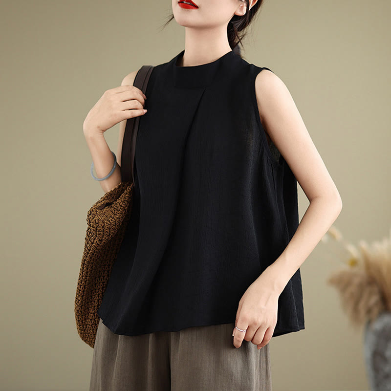 Buddha Stones Casual Plain Back Buttom Design Stand Collar Women's Sleeveless Vest