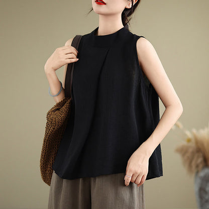 Buddha Stones Casual Plain Back Buttom Design Stand Collar Women's Sleeveless Vest