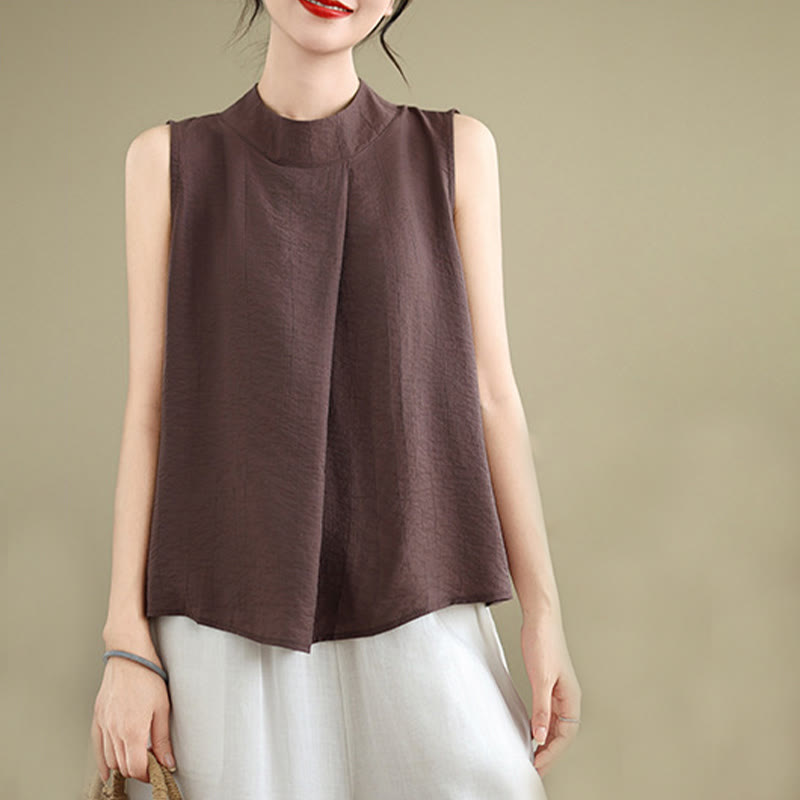 Buddha Stones Casual Plain Back Buttom Design Stand Collar Women's Sleeveless Vest
