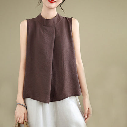 Buddha Stones Casual Plain Back Buttom Design Stand Collar Women's Sleeveless Vest