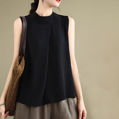 Buddha Stones Casual Plain Back Buttom Design Stand Collar Women's Sleeveless Vest
