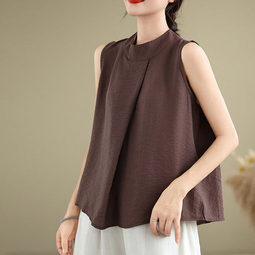 Buddha Stones Casual Plain Back Buttom Design Stand Collar Women's Sleeveless Vest