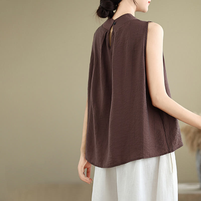 Buddha Stones Casual Plain Back Buttom Design Stand Collar Women's Sleeveless Vest