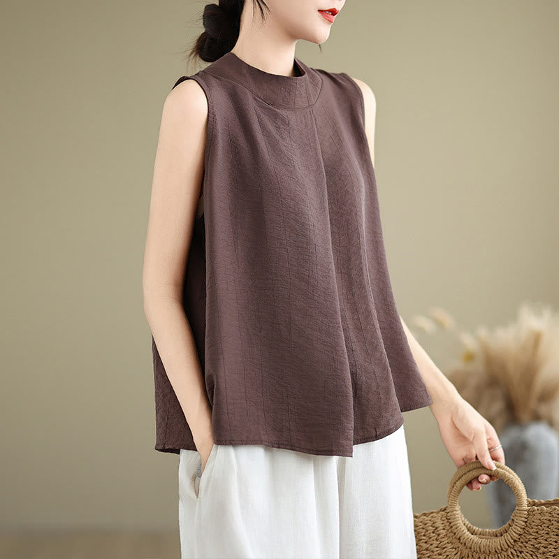 Buddha Stones Casual Plain Back Buttom Design Stand Collar Women's Sleeveless Vest