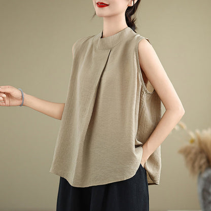 Buddha Stones Casual Plain Back Buttom Design Stand Collar Women's Sleeveless Vest