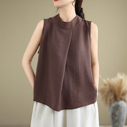 Buddha Stones Casual Plain Back Buttom Design Stand Collar Women's Sleeveless Vest