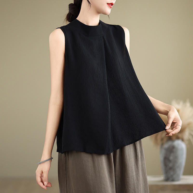 Buddha Stones Casual Plain Back Buttom Design Stand Collar Women's Sleeveless Vest