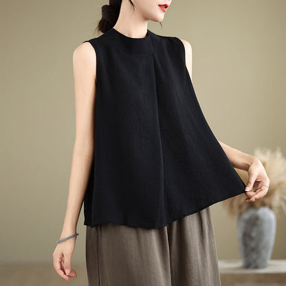 Buddha Stones Casual Plain Back Buttom Design Stand Collar Women's Sleeveless Vest