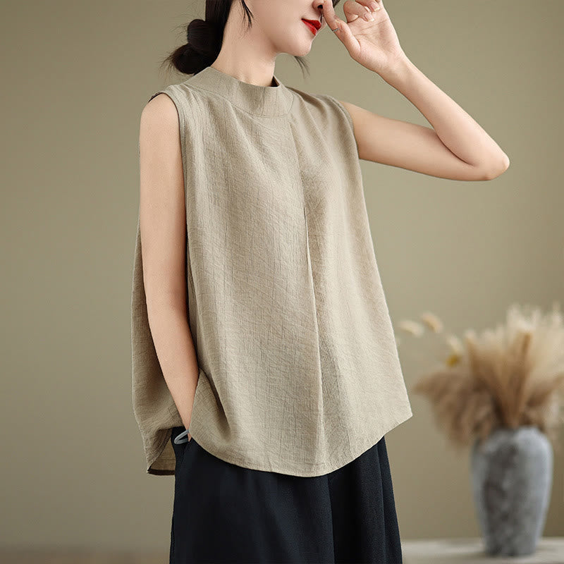 Buddha Stones Casual Plain Back Buttom Design Stand Collar Women's Sleeveless Vest