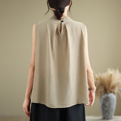 Buddha Stones Casual Plain Back Buttom Design Stand Collar Women's Sleeveless Vest