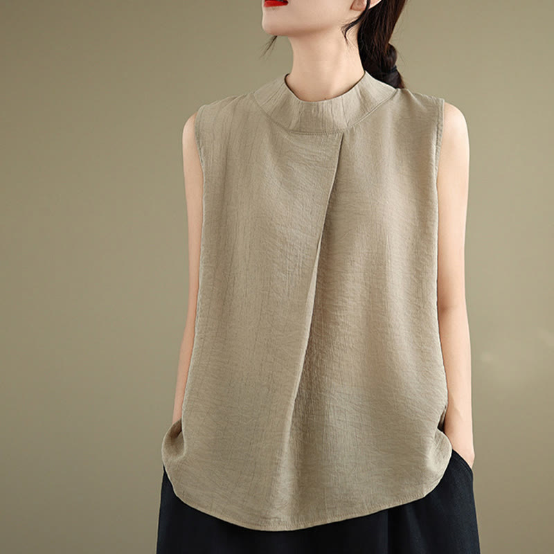 Buddha Stones Casual Plain Back Buttom Design Stand Collar Women's Sleeveless Vest