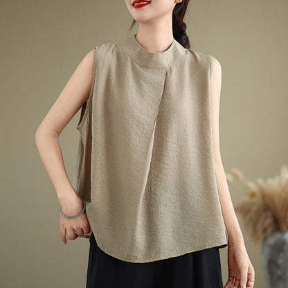 Buddha Stones Casual Plain Back Buttom Design Stand Collar Women's Sleeveless Vest