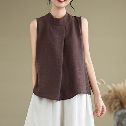 Buddha Stones Casual Plain Back Buttom Design Stand Collar Women's Sleeveless Vest