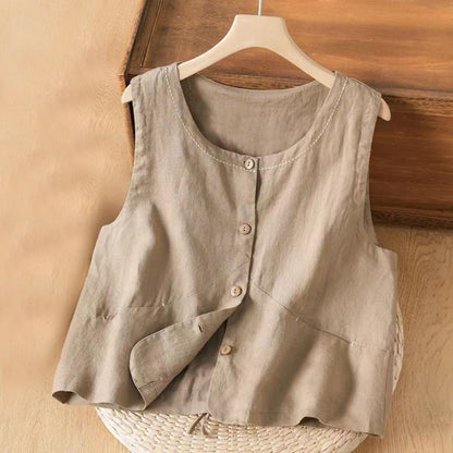 Buddha Stones Single Breasted Sleeveless Design Cotton Linen Women's Vest WIth Pockets