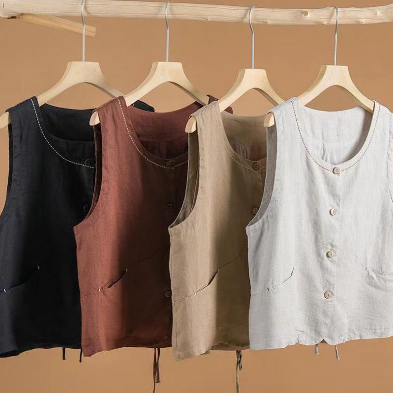 Buddha Stones Single Breasted Sleeveless Design Cotton Linen Women's Vest WIth Pockets