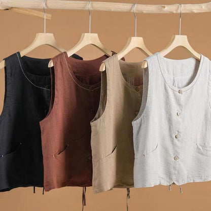 Buddha Stones Single Breasted Sleeveless Design Cotton Linen Women's Vest WIth Pockets