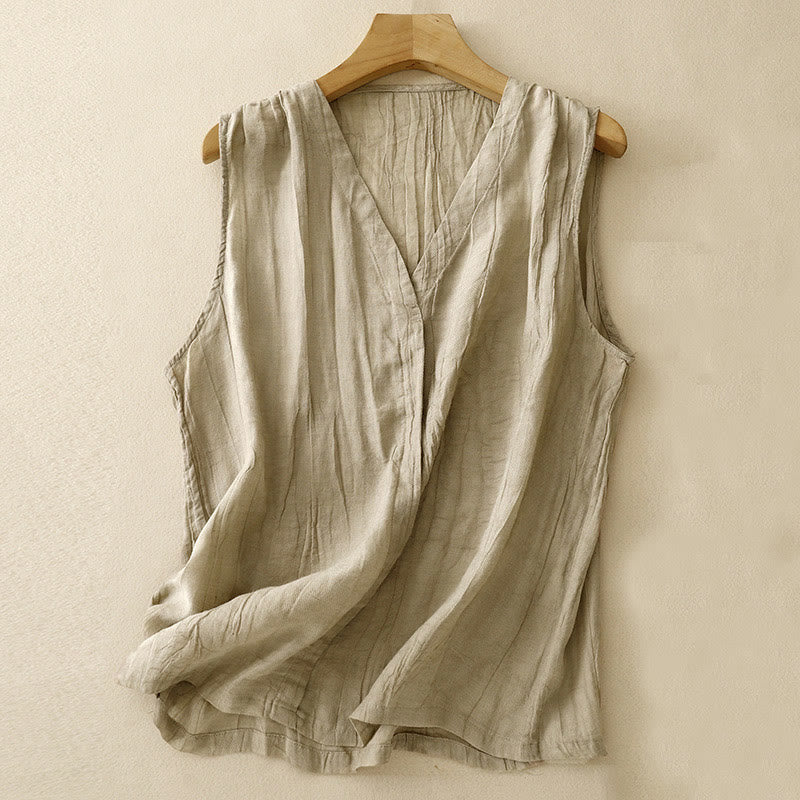 Buddha Stones Casual Summer Pure Color Pleated Design Sleeveless Women's Cotton Linen V-Neck Vest Cardigan