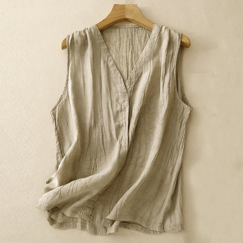 Buddha Stones Casual Summer Pure Color Pleated Design Sleeveless Women's Cotton Linen V-Neck Vest Cardigan