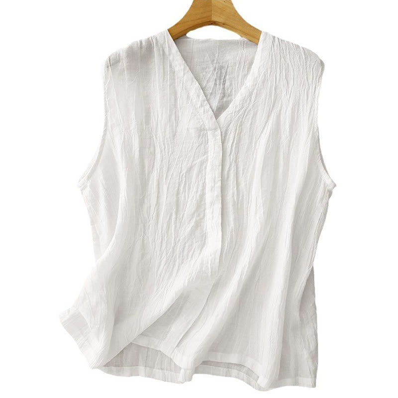 Buddha Stones Casual Summer Pure Color Pleated Design Sleeveless Women's Cotton Linen V-Neck Vest Cardigan