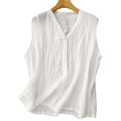 Buddha Stones Casual Summer Pure Color Pleated Design Sleeveless Women's Cotton Linen V-Neck Vest Cardigan
