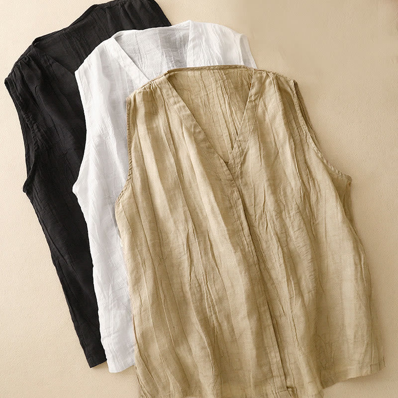 Buddha Stones Casual Summer Pure Color Pleated Design Sleeveless Women's Cotton Linen V-Neck Vest Cardigan