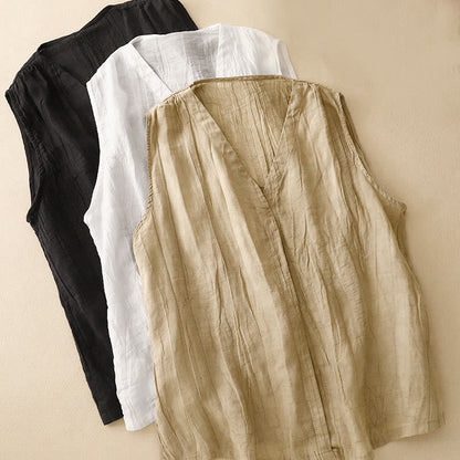 Buddha Stones Casual Summer Pure Color Pleated Design Sleeveless Women's Cotton Linen V-Neck Vest Cardigan