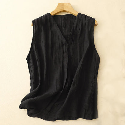 Buddha Stones Casual Summer Pure Color Pleated Design Sleeveless Women's Cotton Linen V-Neck Vest Cardigan