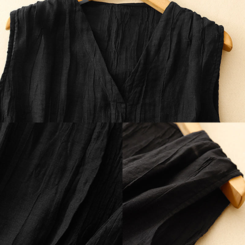 Buddha Stones Casual Summer Pure Color Pleated Design Sleeveless Women's Cotton Linen V-Neck Vest Cardigan