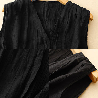 Buddha Stones Casual Summer Pure Color Pleated Design Sleeveless Women's Cotton Linen V-Neck Vest Cardigan