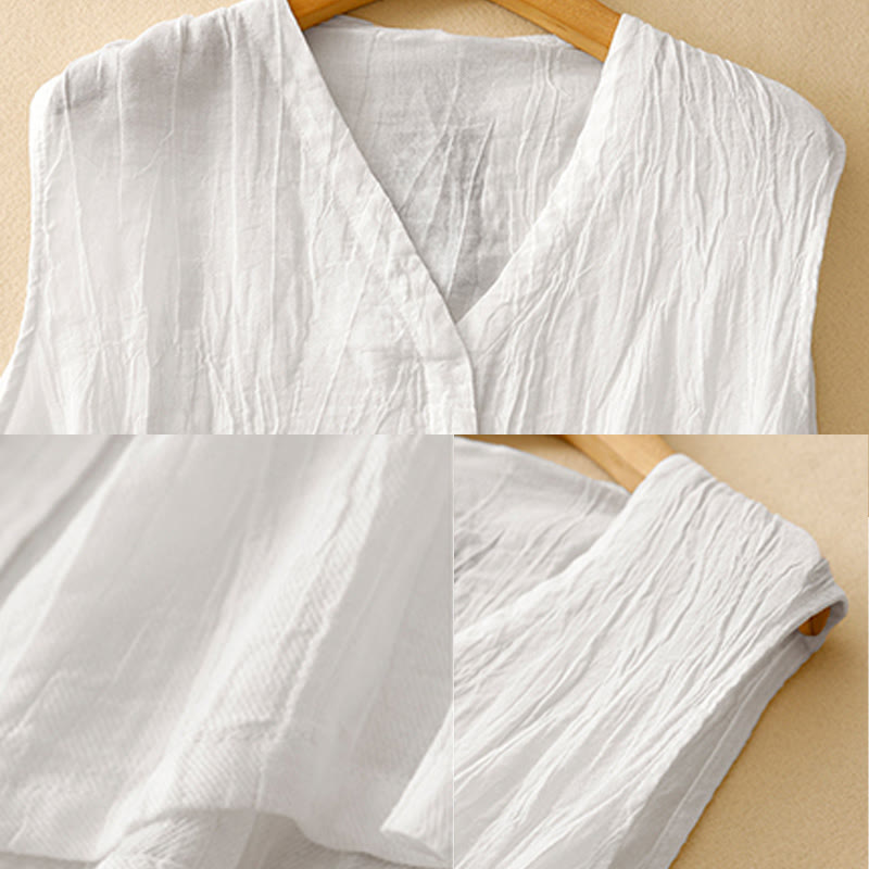 Buddha Stones Casual Summer Pure Color Pleated Design Sleeveless Women's Cotton Linen V-Neck Vest Cardigan