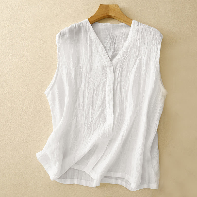 Buddha Stones Casual Summer Pure Color Pleated Design Sleeveless Women's Cotton Linen V-Neck Vest Cardigan