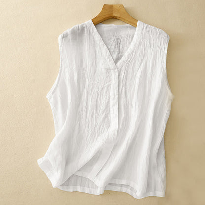 Buddha Stones Casual Summer Pure Color Pleated Design Sleeveless Women's Cotton Linen V-Neck Vest Cardigan