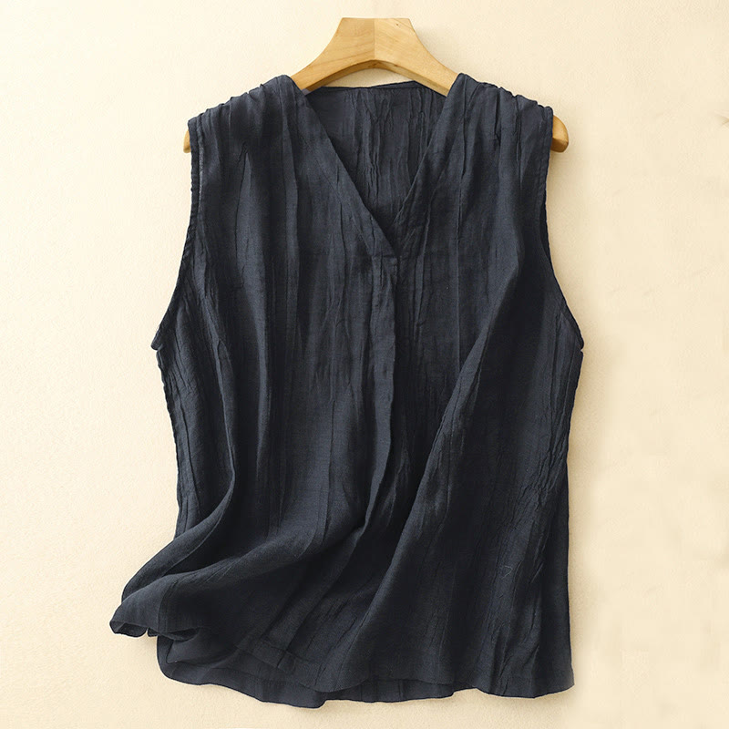 Buddha Stones Casual Summer Pure Color Pleated Design Sleeveless Women's Cotton Linen V-Neck Vest Cardigan
