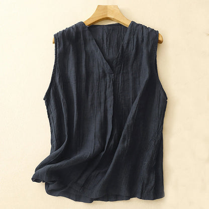 Buddha Stones Casual Summer Pure Color Pleated Design Sleeveless Women's Cotton Linen V-Neck Vest Cardigan