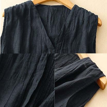 Buddha Stones Casual Summer Pure Color Pleated Design Sleeveless Women's Cotton Linen V-Neck Vest Cardigan