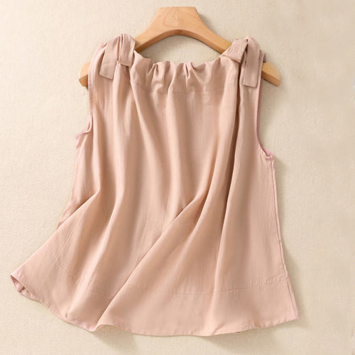 Buddha Stones Summer Solid Color Lace-up Patchwork Design Sleeveless Pleated Crew Neck Women's Cotton Vest