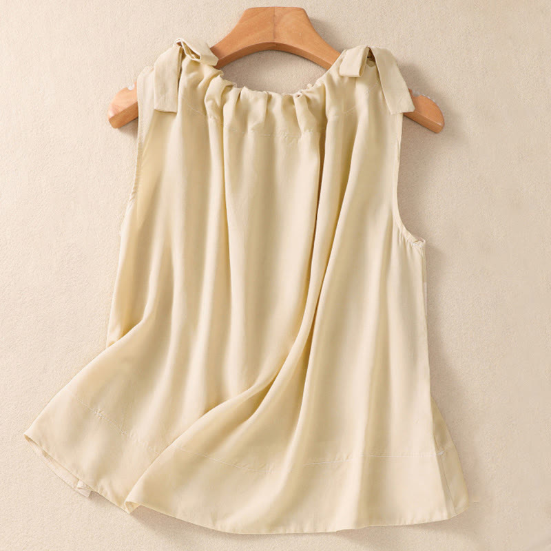 Buddha Stones Summer Solid Color Lace-up Patchwork Design Sleeveless Pleated Crew Neck Women's Cotton Vest