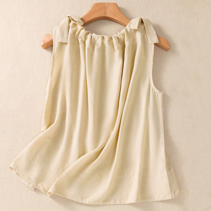 Buddha Stones Summer Solid Color Lace-up Patchwork Design Sleeveless Pleated Crew Neck Women's Cotton Vest