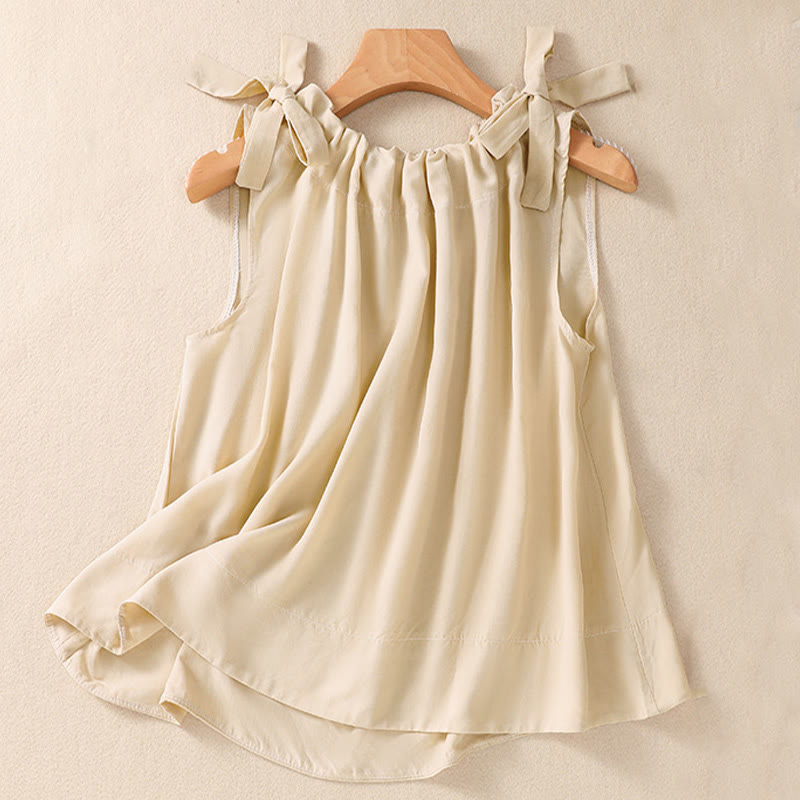 Buddha Stones Summer Solid Color Lace-up Patchwork Design Sleeveless Pleated Crew Neck Women's Cotton Vest