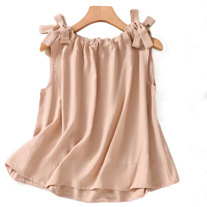 Buddha Stones Summer Solid Color Lace-up Patchwork Design Sleeveless Pleated Crew Neck Women's Cotton Vest