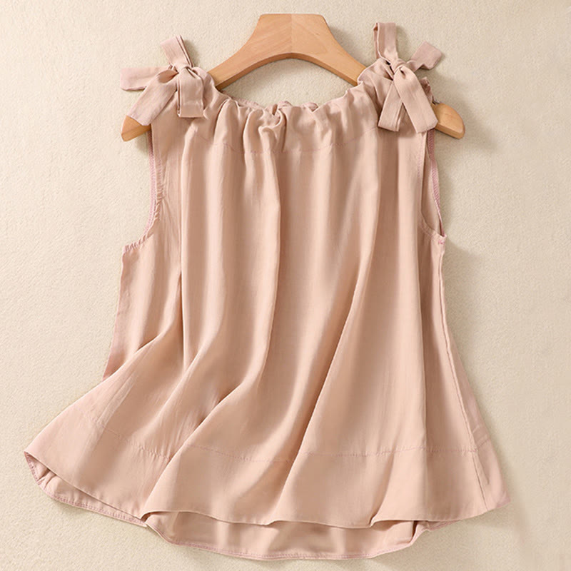 Buddha Stones Summer Solid Color Lace-up Patchwork Design Sleeveless Pleated Crew Neck Women's Cotton Vest