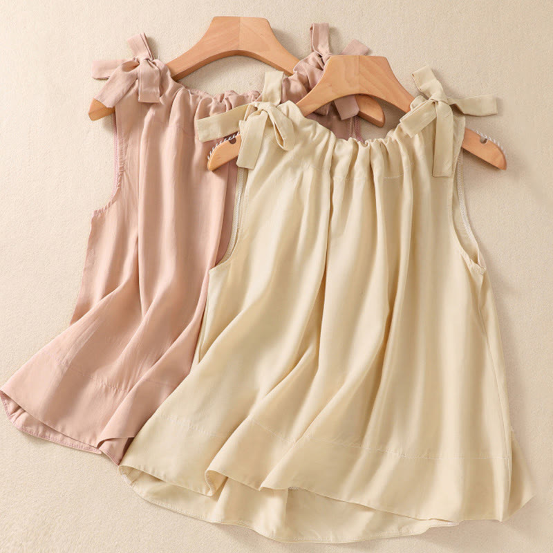 Buddha Stones Summer Solid Color Lace-up Patchwork Design Sleeveless Pleated Crew Neck Women's Cotton Vest