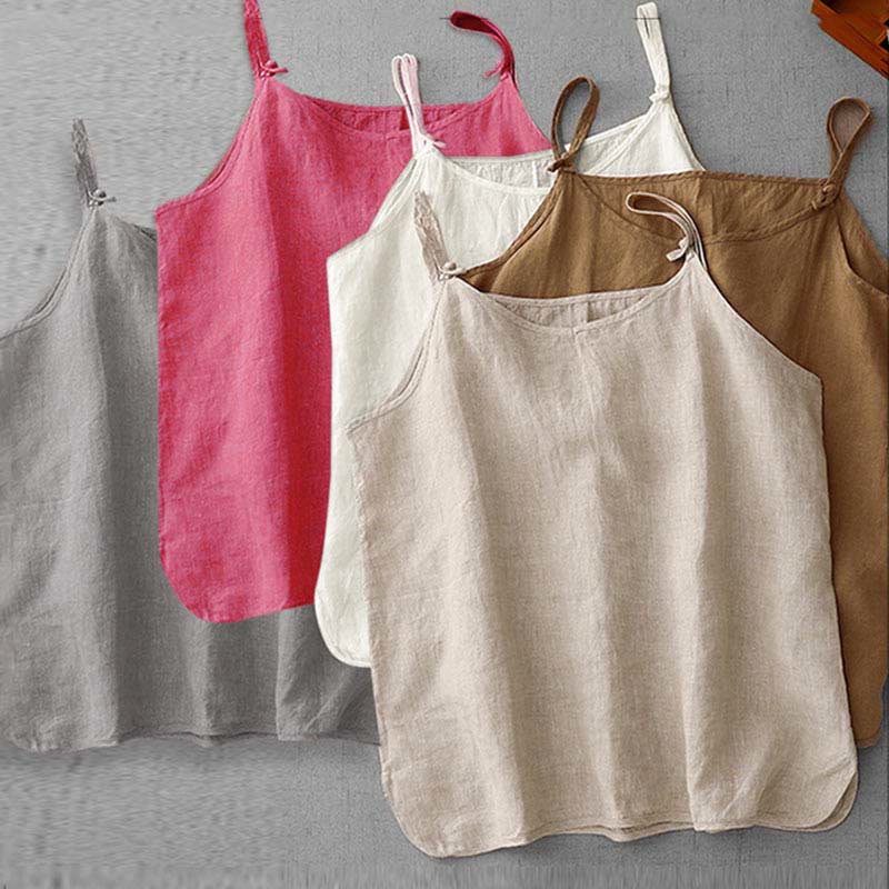 Buddha Stones Summer Plain Adjustable Strap Design Women's Cotton Linen Vest Waistcoat